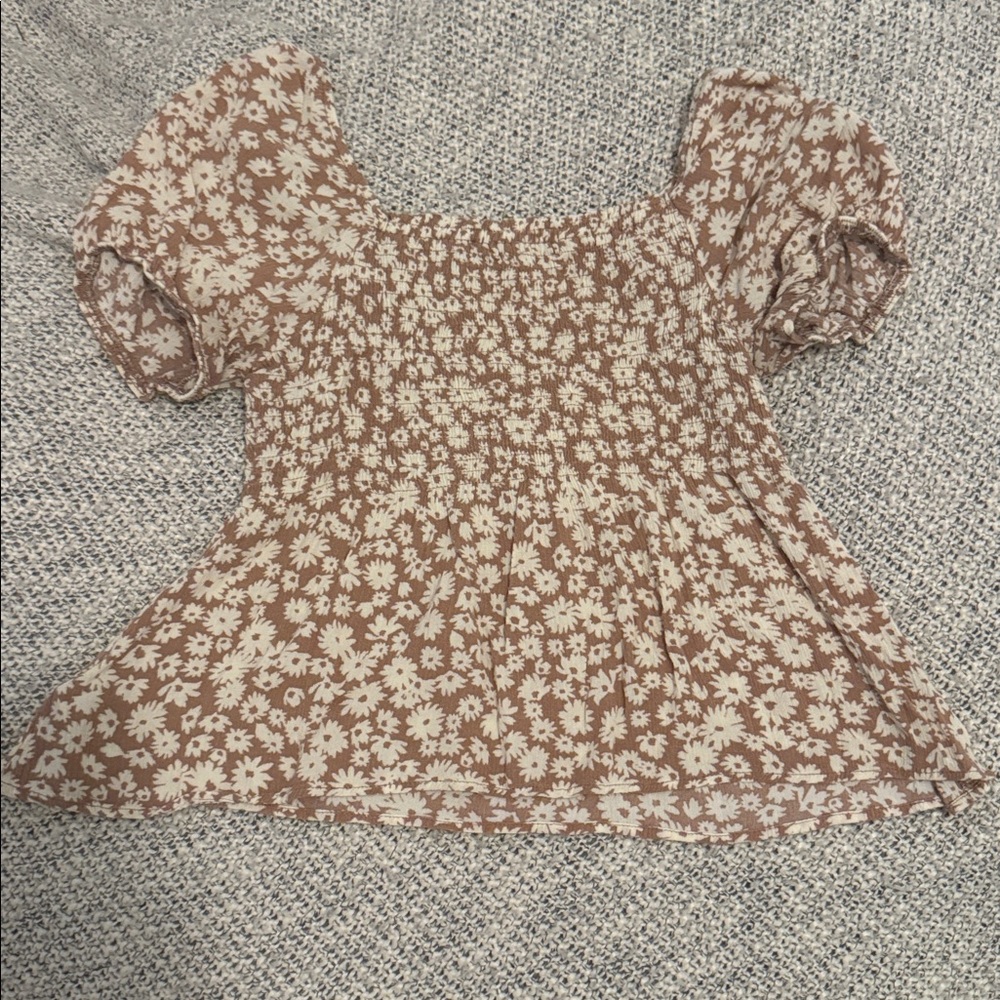 Paper Crane Floral Smocked Puff Sleeve Top XS – Brown & Cream Daisy Print - Picture 3 of 3